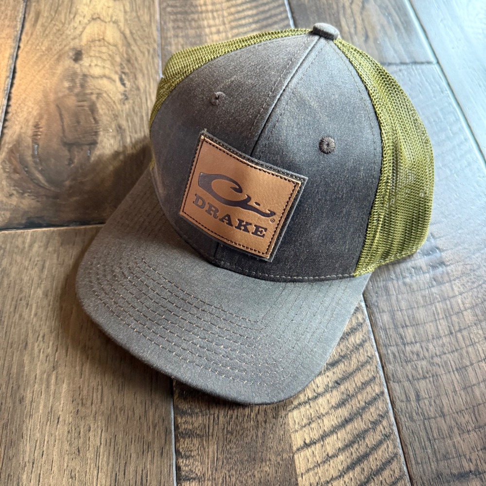 Drake Waterfowl Waxed Canvas Trucker Hat Brown Olive Leather Patch Snapback NWT